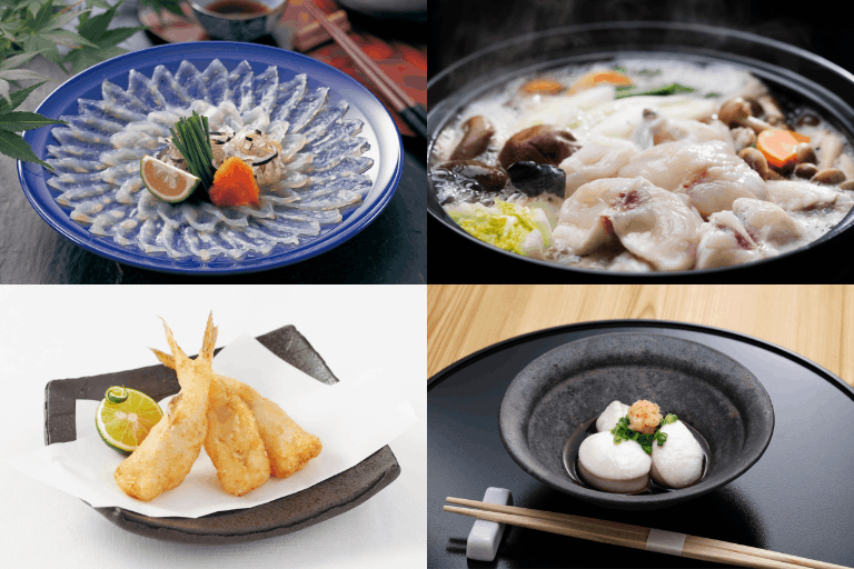 真ふぐの料理「ふぐ刺身・てっちり・ふぐの唐揚げ・ふぐの白子」